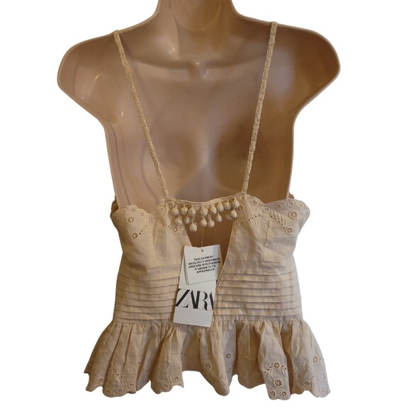 Zara NWT Ivory/Beige Crochet Embroidered Peplum Crop Top Size Small 100% Cotton - Picture 2 of 2